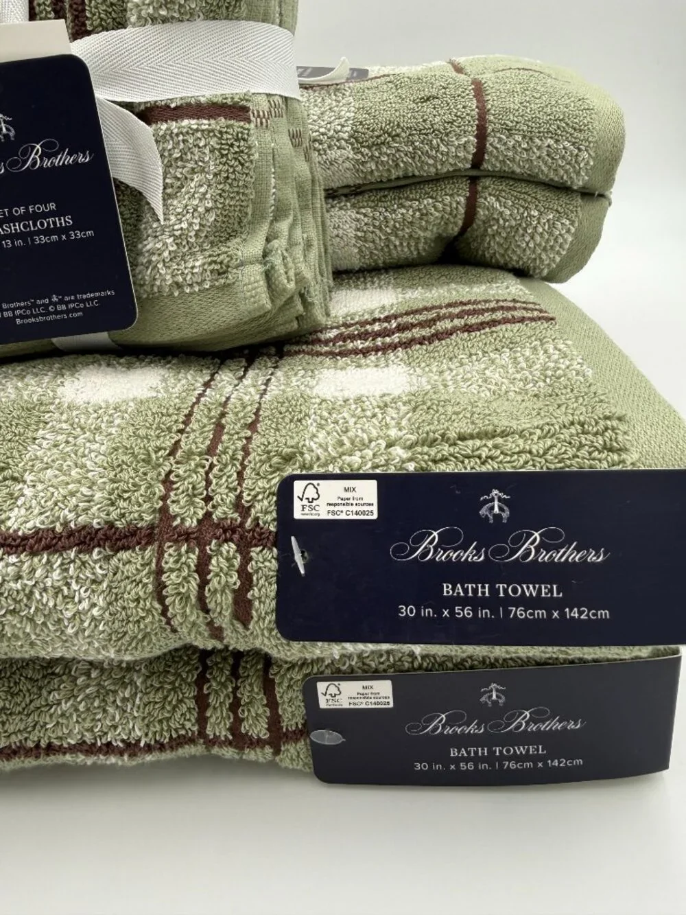 Brooks Brothers 8 Pc Bath Towel Set Sage Green Plaid 100% Cotton NWT